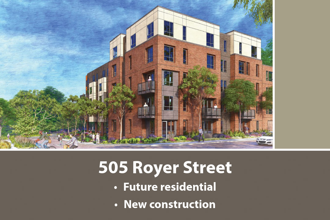 Rendering of a residential building surrounded by tall trees